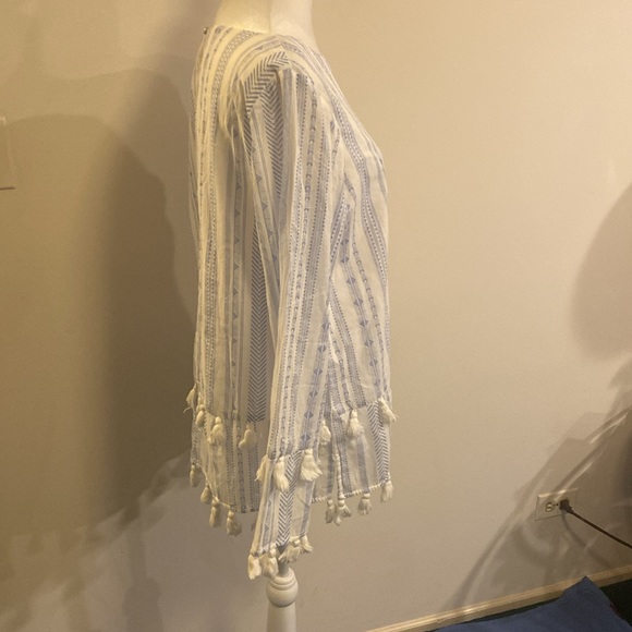 SAIL to SABLE white with blue stripes cotton blouse with pom poms  size Large - Picture 5 of 11